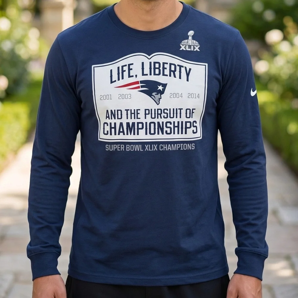 Nike New England Patriots Super Bowl XLIX Champions Long Sleeve Navy Blue Shirt‎